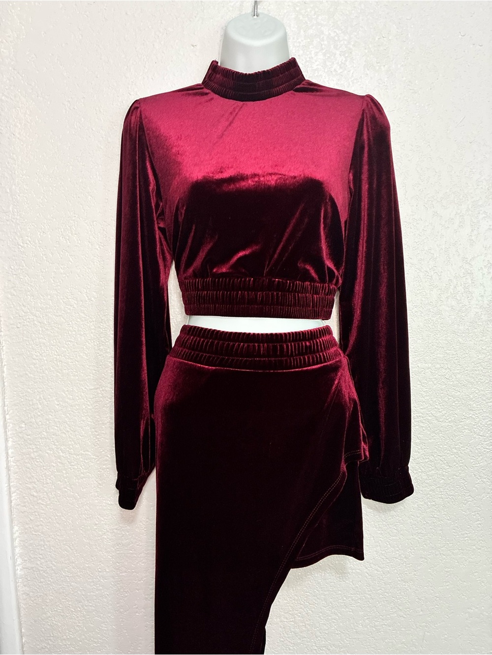 Fashion Nova x Cardi B Velvet Crop Top & Asymmetrical Skirt Set - Burgundy